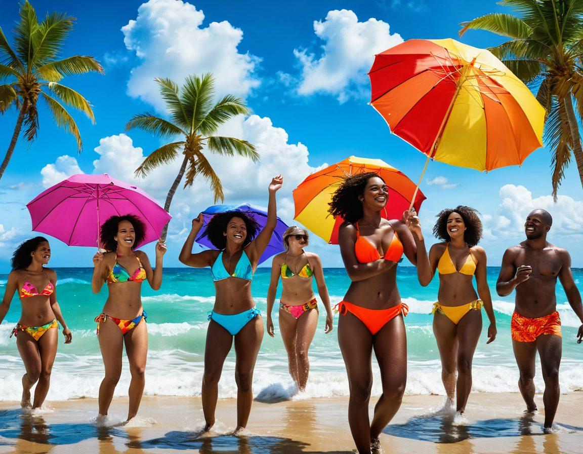 A joyful beach scene featuring diverse individuals wearing vibrant swimwear, laughing and splashing in the waves under a sunny sky despite moody clouds on the horizon. Incorporate a colorful beach umbrella, beach balls, and tropical palm trees to enhance the summer vibe. The contrast between the bright swimwear and the gloomy background symbolizes embracing joy in any situation. super-realistic. vibrant colors. summer theme.