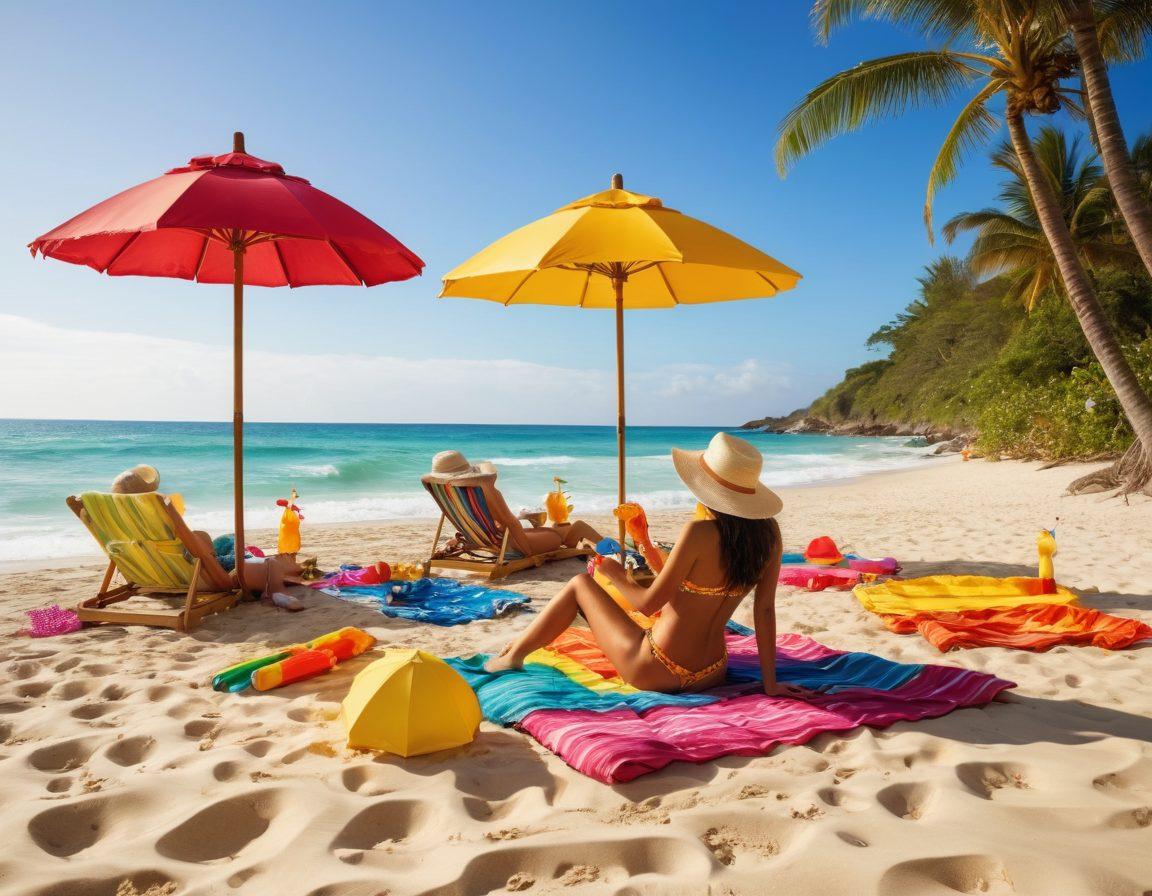 A lively summer beach scene featuring a diverse group of joyful individuals wearing colorful bikinis, surrounded by bright sun umbrellas, beach towels, and playful beach toys. The azure ocean waves crash softly in the background, while golden sunlight sparkles across the sand. In the foreground, tropical drinks with umbrellas and sun hats add to the summer vibe. The atmosphere radiates warmth and happiness. vibrant colors. painting.